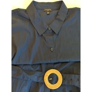 Talbots Shirt Dress 14P Navy Button Front Belted Short Sleeve Pockets Classic